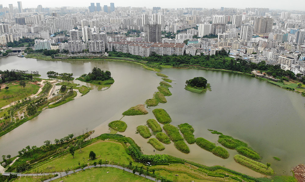 航拍海口美舍河凤翔湿地公园